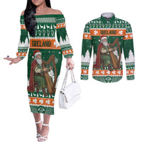 Ireland Christmas Personalized Couples Matching Off The Shoulder Long Sleeve Dress and Long Sleeve Button Shirt Daidi na Nollag With Irish Harp - Wonder Print Shop