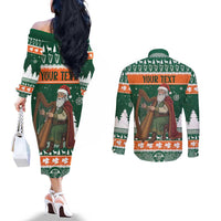Ireland Christmas Personalized Couples Matching Off The Shoulder Long Sleeve Dress and Long Sleeve Button Shirt Daidi na Nollag With Irish Harp - Wonder Print Shop