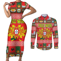Personalized Portugal Christmas Couples Matching Short Sleeve Bodycon Dress and Long Sleeve Button Shirt Coat Of Arms - Feliz Natal - Wonder Print Shop
