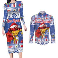 Personalized Puerto Rico Christmas Couples Matching Long Sleeve Bodycon Dress and Long Sleeve Button Shirt Coqui With Red Maga Flower - Wonder Print Shop