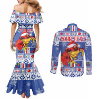 Personalized Puerto Rico Christmas Couples Matching Mermaid Dress and Long Sleeve Button Shirt Coqui With Red Maga Flower