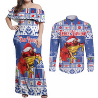 Personalized Puerto Rico Christmas Couples Matching Off Shoulder Maxi Dress and Long Sleeve Button Shirt Coqui With Red Maga Flower - Wonder Print Shop