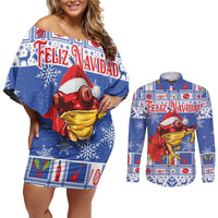 Personalized Puerto Rico Christmas Couples Matching Off Shoulder Short Dress and Long Sleeve Button Shirt Coqui With Red Maga Flower - Wonder Print Shop