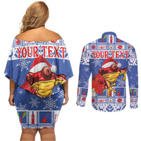 Personalized Puerto Rico Christmas Couples Matching Off Shoulder Short Dress and Long Sleeve Button Shirt Coqui With Red Maga Flower - Wonder Print Shop