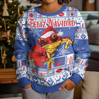 Personalized Puerto Rico Christmas Kid Ugly Christmas Sweater Coqui With Red Maga Flower - Wonder Print Shop