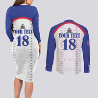 Custom Haiti Football Couples Matching Long Sleeve Bodycon Dress and Long Sleeve Button Shirt Les Grenadiers Veve Haitian Vodou White Version - Wonder Print Shop