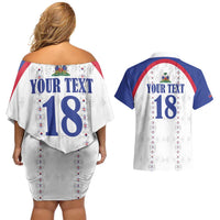 Custom Haiti Football Couples Matching Off Shoulder Short Dress and Hawaiian Shirt Les Grenadiers Veve Haitian Vodou White Version - Wonder Print Shop