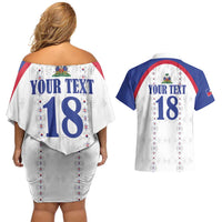 Custom Haiti Football Couples Matching Off Shoulder Short Dress and Hawaiian Shirt Les Grenadiers Veve Haitian Vodou White Version - Wonder Print Shop