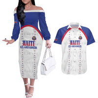 Custom Haiti Football Couples Matching Off The Shoulder Long Sleeve Dress and Hawaiian Shirt Les Grenadiers Veve Haitian Vodou White Version - Wonder Print Shop