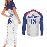 Custom Haiti Football Couples Matching Short Sleeve Bodycon Dress and Long Sleeve Button Shirt Les Grenadiers Veve Haitian Vodou White Version - Wonder Print Shop