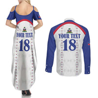 Custom Haiti Football Couples Matching Summer Maxi Dress and Long Sleeve Button Shirt Les Grenadiers Veve Haitian Vodou White Version - Wonder Print Shop