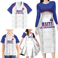 Custom Haiti Football Family Matching Long Sleeve Bodycon Dress and Hawaiian Shirt Les Grenadiers Veve Haitian Vodou White Version - Wonder Print Shop