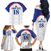 Custom Haiti Football Family Matching Off The Shoulder Long Sleeve Dress and Hawaiian Shirt Les Grenadiers Veve Haitian Vodou White Version - Wonder Print Shop