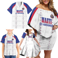 Custom Haiti Football Family Matching Off Shoulder Short Dress and Hawaiian Shirt Les Grenadiers Veve Haitian Vodou White Version - Wonder Print Shop