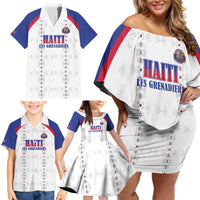 Custom Haiti Football Family Matching Off Shoulder Short Dress and Hawaiian Shirt Les Grenadiers Veve Haitian Vodou White Version - Wonder Print Shop