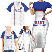 Custom Haiti Football Family Matching Short Sleeve Bodycon Dress and Hawaiian Shirt Les Grenadiers Veve Haitian Vodou White Version - Wonder Print Shop