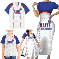 Custom Haiti Football Family Matching Short Sleeve Bodycon Dress and Hawaiian Shirt Les Grenadiers Veve Haitian Vodou White Version - Wonder Print Shop
