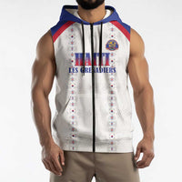 Custom Haiti Football Sleeveless Zip Hoodie Les Grenadiers Veve Haitian Vodou White Version - Wonder Print Shop