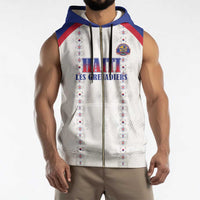 Custom Haiti Football Sleeveless Zip Hoodie Les Grenadiers Veve Haitian Vodou White Version - Wonder Print Shop