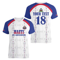 Custom Haiti Football Women V-Neck T-Shirt Les Grenadiers Veve Haitian Vodou White Version - Wonder Print Shop