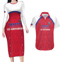Custom Haiti Football Couples Matching Long Sleeve Bodycon Dress and Hawaiian Shirt Les Grenadiers Veve Haitian Vodou Red Version - Wonder Print Shop