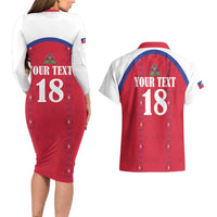 Custom Haiti Football Couples Matching Long Sleeve Bodycon Dress and Hawaiian Shirt Les Grenadiers Veve Haitian Vodou Red Version - Wonder Print Shop