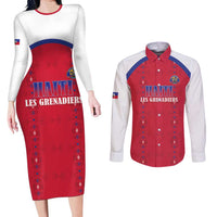 Custom Haiti Football Couples Matching Long Sleeve Bodycon Dress and Long Sleeve Button Shirt Les Grenadiers Veve Haitian Vodou Red Version - Wonder Print Shop