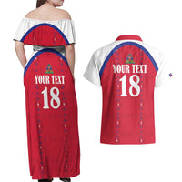 Custom Haiti Football Couples Matching Off Shoulder Maxi Dress and Hawaiian Shirt Les Grenadiers Veve Haitian Vodou Red Version - Wonder Print Shop