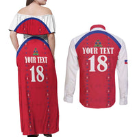 Custom Haiti Football Couples Matching Off Shoulder Maxi Dress and Long Sleeve Button Shirt Les Grenadiers Veve Haitian Vodou Red Version - Wonder Print Shop
