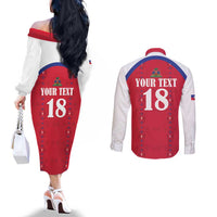 Custom Haiti Football Couples Matching Off The Shoulder Long Sleeve Dress and Long Sleeve Button Shirt Les Grenadiers Veve Haitian Vodou Red Version - Wonder Print Shop