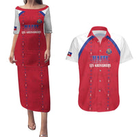 Custom Haiti Football Couples Matching Puletasi and Hawaiian Shirt Les Grenadiers Veve Haitian Vodou Red Version - Wonder Print Shop