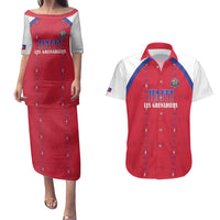 Custom Haiti Football Couples Matching Puletasi and Hawaiian Shirt Les Grenadiers Veve Haitian Vodou Red Version - Wonder Print Shop