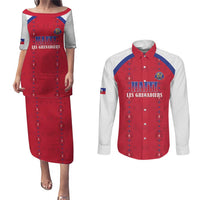 Custom Haiti Football Couples Matching Puletasi and Long Sleeve Button Shirt Les Grenadiers Veve Haitian Vodou Red Version - Wonder Print Shop