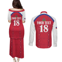 Custom Haiti Football Couples Matching Puletasi and Long Sleeve Button Shirt Les Grenadiers Veve Haitian Vodou Red Version - Wonder Print Shop