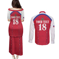 Custom Haiti Football Couples Matching Puletasi and Long Sleeve Button Shirt Les Grenadiers Veve Haitian Vodou Red Version - Wonder Print Shop