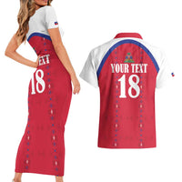 Custom Haiti Football Couples Matching Short Sleeve Bodycon Dress and Hawaiian Shirt Les Grenadiers Veve Haitian Vodou Red Version - Wonder Print Shop
