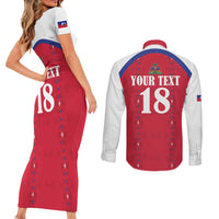 Custom Haiti Football Couples Matching Short Sleeve Bodycon Dress and Long Sleeve Button Shirt Les Grenadiers Veve Haitian Vodou Red Version - Wonder Print Shop