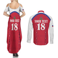 Custom Haiti Football Couples Matching Summer Maxi Dress and Long Sleeve Button Shirt Les Grenadiers Veve Haitian Vodou Red Version - Wonder Print Shop