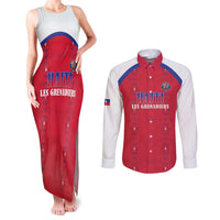 Custom Haiti Football Couples Matching Tank Maxi Dress and Long Sleeve Button Shirt Les Grenadiers Veve Haitian Vodou Red Version - Wonder Print Shop