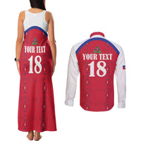 Custom Haiti Football Couples Matching Tank Maxi Dress and Long Sleeve Button Shirt Les Grenadiers Veve Haitian Vodou Red Version - Wonder Print Shop