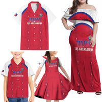 Custom Haiti Football Family Matching Off Shoulder Maxi Dress and Hawaiian Shirt Les Grenadiers Veve Haitian Vodou Red Version - Wonder Print Shop