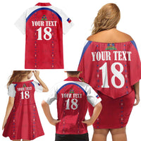 Custom Haiti Football Family Matching Off Shoulder Short Dress and Hawaiian Shirt Les Grenadiers Veve Haitian Vodou Red Version - Wonder Print Shop