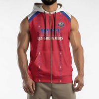 Custom Haiti Football Sleeveless Zip Hoodie Les Grenadiers Veve Haitian Vodou Red Version - Wonder Print Shop