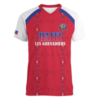 Custom Haiti Football Women V-Neck T-Shirt Les Grenadiers Veve Haitian Vodou Red Version - Wonder Print Shop