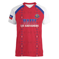 Custom Haiti Football Women V-Neck T-Shirt Les Grenadiers Veve Haitian Vodou Red Version - Wonder Print Shop