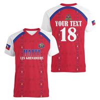 Custom Haiti Football Women V-Neck T-Shirt Les Grenadiers Veve Haitian Vodou Red Version - Wonder Print Shop