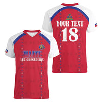Custom Haiti Football Women V-Neck T-Shirt Les Grenadiers Veve Haitian Vodou Red Version - Wonder Print Shop