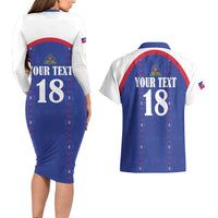 Custom Haiti Football Couples Matching Long Sleeve Bodycon Dress and Hawaiian Shirt Les Grenadiers Veve Haitian Vodou Blue Version - Wonder Print Shop