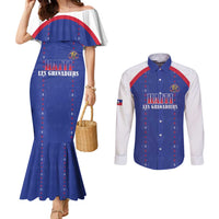Custom Haiti Football Couples Matching Mermaid Dress and Long Sleeve Button Shirt Les Grenadiers Veve Haitian Vodou Blue Version - Wonder Print Shop