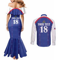 Custom Haiti Football Couples Matching Mermaid Dress and Long Sleeve Button Shirt Les Grenadiers Veve Haitian Vodou Blue Version - Wonder Print Shop